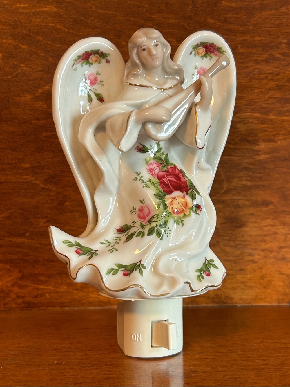 Old Country Roses by Royal Albert Porcelain Floral Angel Night Light- Mint/Works